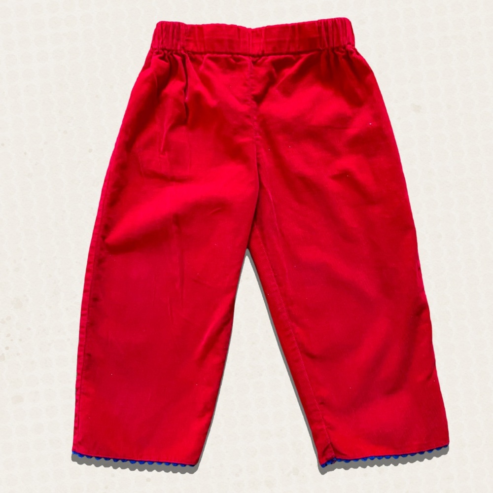 Bella Bliss Christmas Red Corduroy Pants with Navy Scallop Trim